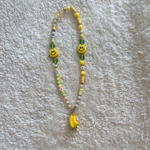 Banana Yellow and Green Beaded Necklace with Smiley Faces